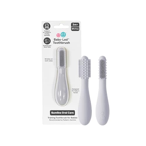 ezpz Baby-Led Toothbrush - 3 Months+ (Pewter) - 100% Silicone Infant Toothbrush with Sensory Bumps - Cleans Gums + New Teeth - Improves Hand-to-Mouth Coordination, Self-Feeding Skills