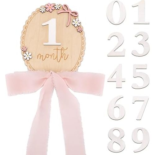Wooden Baby Monthly Milestone Sign, 0-12 Months Newborn Milestones Card with Cute 3D Flowers Designs & Pink Ribbon Ideal Photo Prop for Recording Baby Monthly Growth