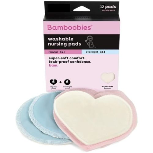 Bamboobies Nursing Pads, Ultra-Soft Velour, Reusable, Washable & Leak-Proof, 6 Ultra-Thin and 6 Overnight Pads for Breastfeeding