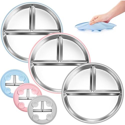 Stainless Steel Toddler Plates Silicone Suction,3 Packs Non-Slip Baby Plates,Divided Portion,Food-Grade Silicone Plate for Kids,LEAD-FREE Dishwasher Safe,Grey Mint Green Pink