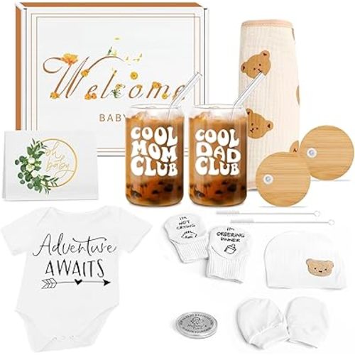Newborn Gifts Set Gender Neutral Baby Shower Gifts Gender Reveal Gifts for Parents to Be, New Mom Dad Gifts Mom Dad Coffee Glass & Baby Items, Mom to Be Gift Pregnancy Gifts for Expecting Mom