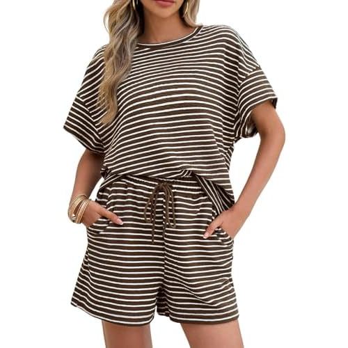 Tankaneo Womens Pajamas 2 Piece Lounge Sets Striped Short Sleeve T Shirts Drawstring Shorts Matching Set
