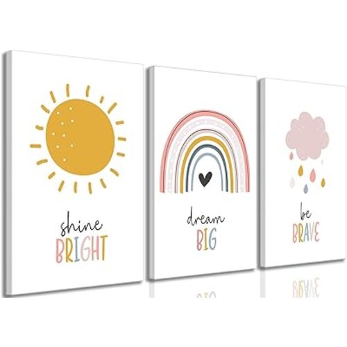 3 Pcs Boho Nursery Canvas Wall Art Dream Big Be Brave Shine Bright Bohemia Sun Rainbow Pictures Kids Wall Decor Poster Print Artwork for Boys Girls Bedroom Children Room Home Decoration