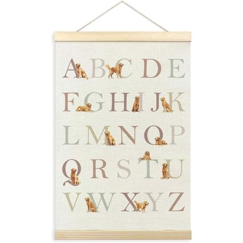 TLESKE Golden Retriever Alphabet ABC Chart Poster Hanger Frame, Homeschool Preschool Hanging Wall Art Decor for Golden Retriever Lover Kid Room Nursery Playroom, Dog ABC Picture 16x24