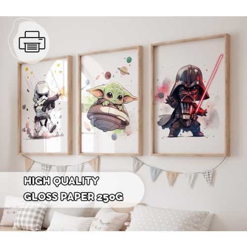 Set Of 3 Star Wars Wall Art - Prints for Kids, Boys room, Nursery Star Wars Poster, Playroom Decor, Darth Vader, Stormtrooper, Baby Yoda Art