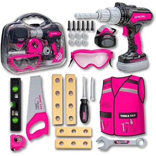 Kids Tool Set with Carrying Case, Electronic Toy Drill with Bits & Construction Vest – Pretend Play Kit with Safety Googles, Gas Shield, Tape Measure, Saw, Bubble Level, Screwdriver, Nuts & Bolts