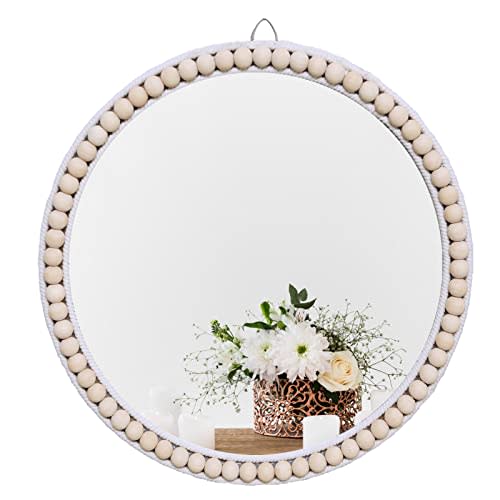 takor 17 Inch Boho Wall Mounted Mirror, Circle Decorative Hanging Mirror,Round Mirrors with White Wooden Beads,Wall Decor for Bathroom,Living Room,Bedroom,Nursery (17inch)
