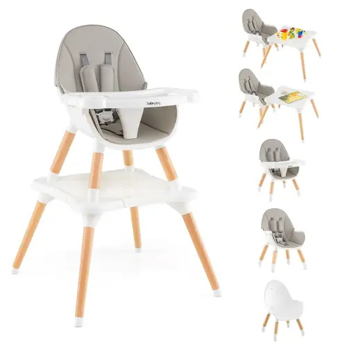 BABY JOY 6 in 1 High Chair, Convertible High Chairs for Babies and Toddlers/Booster Seat/Table and Chair Set, Infant Wooden Highchair w/ 5-Point Harness, 4-Position Removable Tray & PU Cushion (Gray)