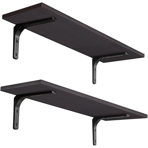 DINZI LVJ Long Wall Shelves, 23.6 Inch Wall Mounted Shelves Set of 2, Easy-to-Install, Wall Storage Ledges with Sturdy Metal Brackets for Living Room, Bathroom, Bedroom, Kitchen, Espresso