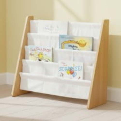 Humble Crew 4-Tier Kids Bookshelf, Natural Wood/White - Premium Book Shelf for Kids Rooms with Four Deep Pockets - Toddler Sling Book Rack with Deep Sleeves, Nursery Bookcase Organizer