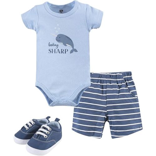 Hudson Baby Unisex Baby Cotton Bodysuit, Shorts and Shoe Set