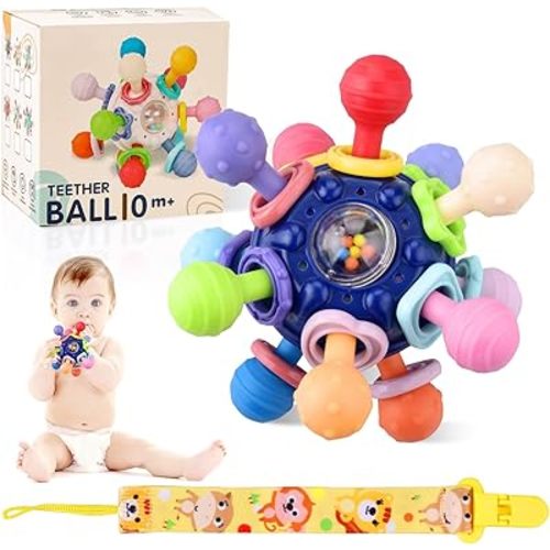 Newborn Teething Ball, Baby Montessori Sensory Toys, Food Grade Teething Toys for Babies 0-12 Months, Rattle Sensory Infant Chew Toys Gift for Newborn Birthday Christmas Newyear,Blue