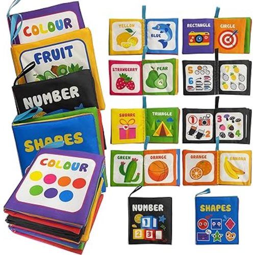 Soft Cloth Baby Book Toy,Black White Fabric Baby Learning Book(Color,Shape,Number123-10,Fruit,Pack of 4),Touch and Feel Crinkle Sound,Early Educational Toy,Gift for Babies Infants Toddlers