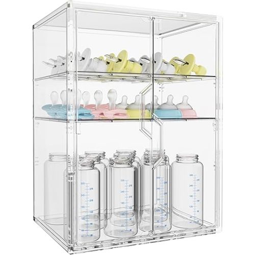 Baby Bottle Organizer, 3 Tiers Adjustable Bottle Storage Container for Countertop, Acrylic Bottle Station with 2 Removable Dividers and Double Magnetic Doors, Suitable for Kitchen Bathroom Vanity