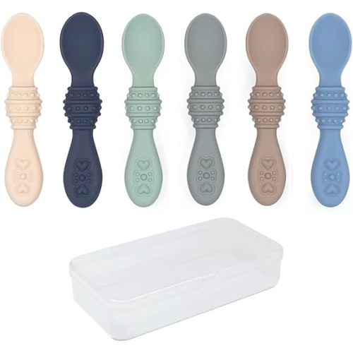 Elk and Friends Silicone Baby Spoons | Travel Case Included | First Stage Infant Toddler Spoon | Baby Led Weaning Stage | Dishwasher Safe