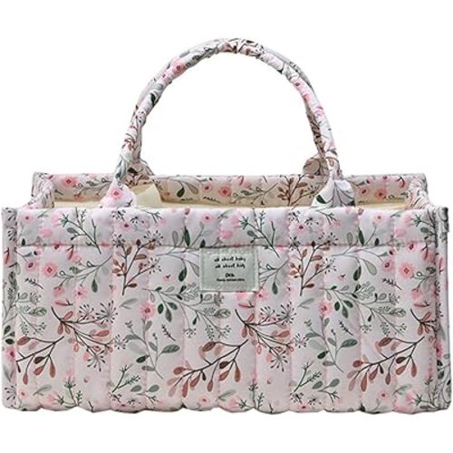 MOMIGO Floral Baby Diaper Caddy Organizer - Stylish Water-resistent Nursery Storage Basket for Diapers and Baby Wipes, Diaper Stacker Car Organizer, newborn nursery Gift (Pink)