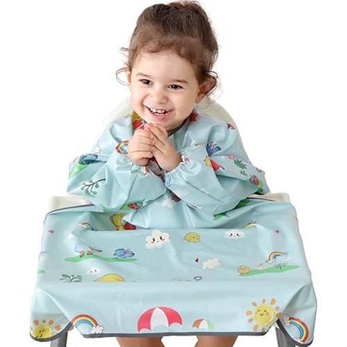 Weaning Bib & BLW Attaches and Fully Cover to Baby Highchair, Long Sleeves Bib with Waterproof, Comfortable,Machine Washable, Suitable for Baby Infant -Grey
