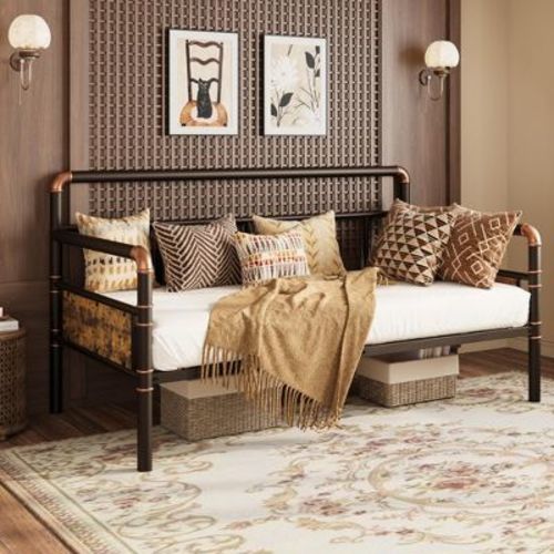 Heavy Duty Brown Twin Daybed – Metal Bed Frame with Classic Headboard & Steel Slats, Sofa for Living Room/Guest Room, No Box Spring Needed