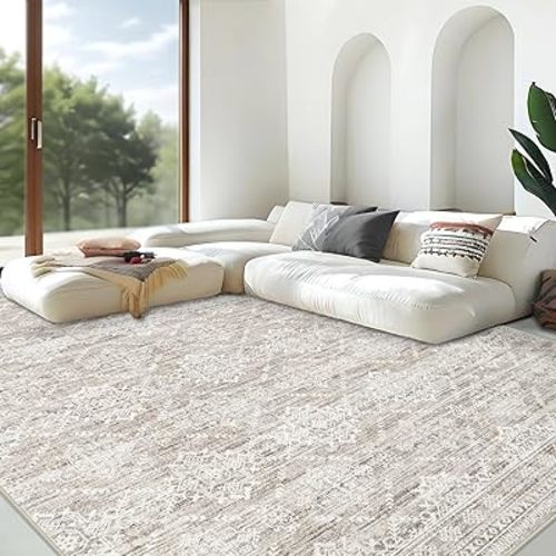Area Rug Living Room Rugs 8x10 - Large Soft Boho Geometric Rug, Non-Slip Foldable Washable Rugs Non Shedding Morden Indoor Floor Carpet for Living Bedroom Office Dining Room(Ivory Mocha,8'x10')