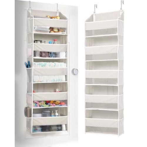 ULG 1-Pack Over Door Organizer with 5 Large Pockets 10 Mesh Side Pockets, 44 lbs Weight Capacity Hanging Storage Organizer with Clear Window for Bedroom Bathroom Kitchen, RV, Camper, Beige