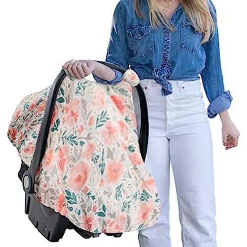 Bebe au Lait Classic Muslin Car Seat Cover -Perfect Baby Car Seat Covers for Babies, Car Seat Canopy, Unisex Baby Car Seat Cover- Easy Snap Straps, Fully Zippered Opening, Breathable- Floret