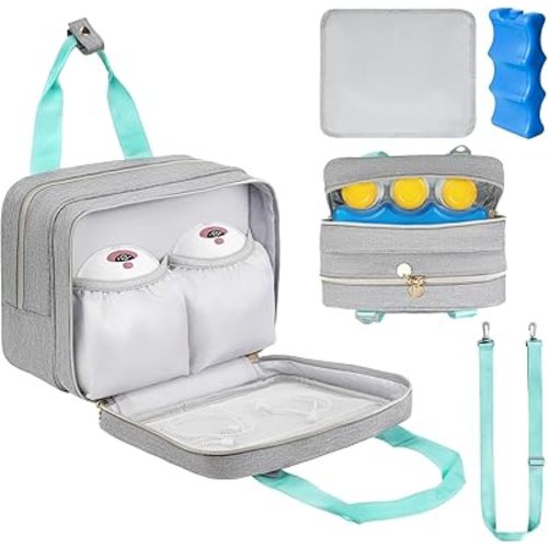 Wearable Breast Pump Bag with Cooler Compartment Compatible with Momcozy M5/S12 Pro, Elvie & Medela Pump in Style, Carrying Case with a Ice Pack & Waterproof Mat for Breast Pump and Accessories,Gray