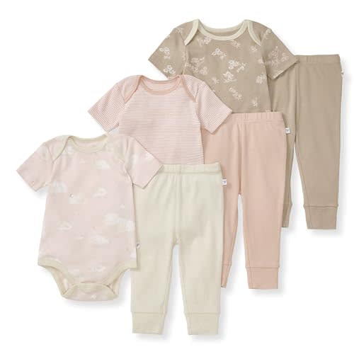 Burt's Bees Baby Unisex Baby 6-Piece Bodysuit and Pant Set, 100% Organic Cotton Infant Outfit Baby Essentials