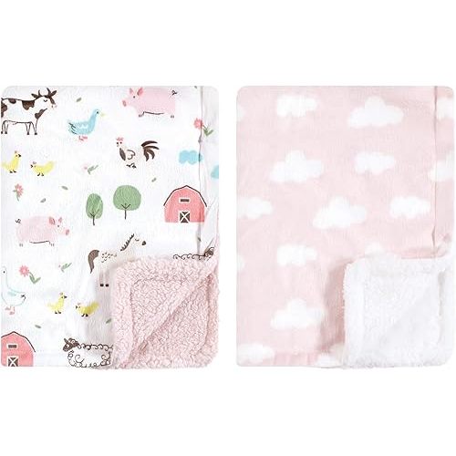 Hudson Baby Unisex Baby Plush Mink and Sherpa Blanket, Girl Farm Animals, One Size