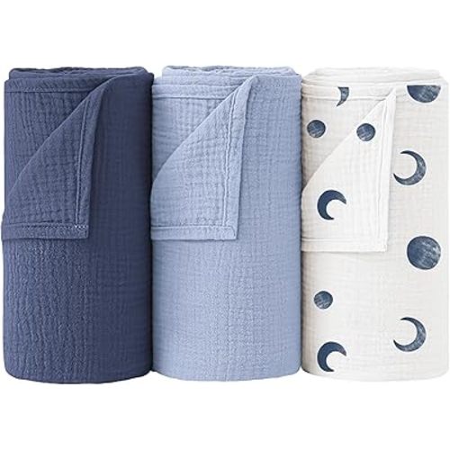 Bearmoss Muslin Swaddle Blankets 100% Cotton Large Baby Swaddle Blankets 47x47in, Super Soft Breathable Receiving Blankets for Unisex Baby Boys Girls (Blue Moon)