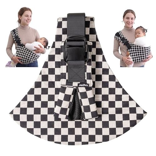 Lujifo Baby Sling Carrier, Premium Cotton Blend Baby Carrier for Toddlers, Adjustable & Breathable Toddler Carrier with Ventilated Straps, Lightweight & Travel-Friendly Design (Ebony Check)