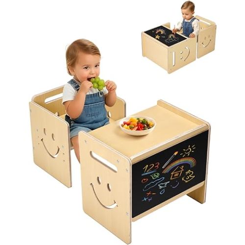 VEVOR Montessori Weaning Table and Chair Set, 3 in 1 Wooden Toddler Table and Chairs with Chalkboard, Adjustable Height Montessori Table for Ages 1-5, Ideal for Drawing, Reading, Eating - Natural