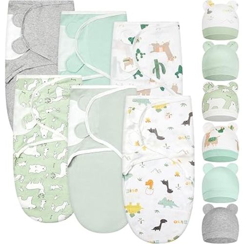 Ramede 6 Pack Baby Swaddle Blanket with Hats Sleep Swaddle for 0-3 Months Newborn Sacks Soft Cotton Wearable for Boy Girl(Green,Alpaca)