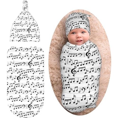 Music Note Newborn Swaddle Blankets Baby Stuff Soft Swaddling Blanket with Beanie Sets Gifts For Infant Boys Girls