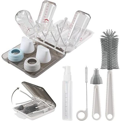 Baby Bottle Brush,6 in 1 Bottle Cleaner Brush Kit with Extendable Silicone Bottle Brush,Drying Rack,Nipple Brush,Straw Brush,Soap Dispenser & Organizer Case,Ideal Gifts for Babies& Moms-White