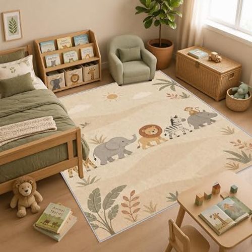Safari Animal Nursery Rug 4x6, Washable Kids Room Rug with Lion Elephant Giraffe Zebra Rhino Monkey Print, Soft Low Pile Non Slip Area Rug for Baby Room Playroom Bedroom