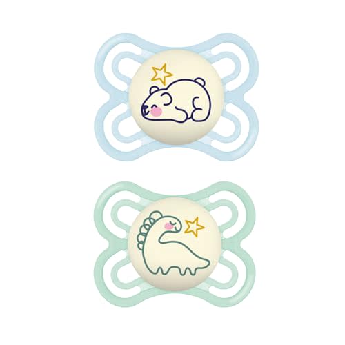 MAM Perfect Night Baby Pacifier, Patented Nipple, Glows in the Dark, 0-6 Months, Boy, 2 Count (Pack of 1)