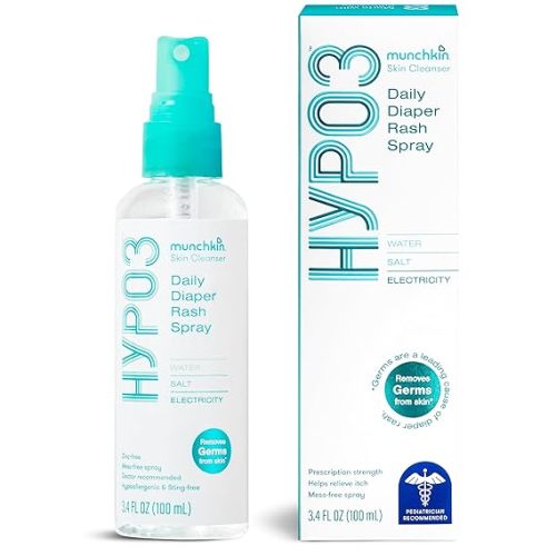 Munchkin® HYP03™ No Rub Daily Diaper Rash Spray with Hypochlorous, Award Winning, Removes Rash Causing Germs, Easy Application vs. Messy Creams, 100% Natural, 600 Sprays