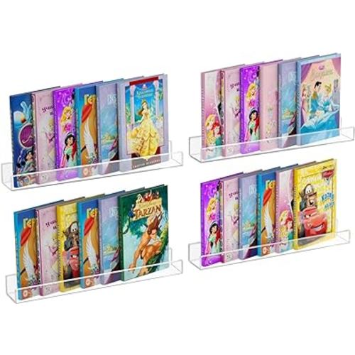 NIUBEE 24" Premium Acrylic Floating Nursery Kids Bookshelf Wall Ledge Shelf, Clear Invisible Spice Rack Bathroom Storage Shelves Display Organizer, 50% Thicker with Free Screwdriver, Set of 4