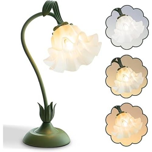 Flower Table Lamp,LED Reading Light Bedside Vintage Flower Night Light,3 Colors Modes Kawaii Bedside Lamps Decor,Living Room Bedroom Room Lighting Table Lamps Home Decoration (Green)