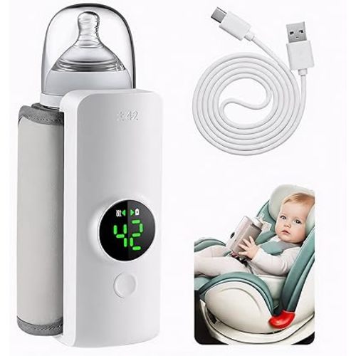 Portable Baby Bottle Warmer for Travel, Fast Heating & Precise Temp Control, Cordless Rechargeable Milk Warmer with LED Display, Waterless & Even Warming for Breastmilk On The Go