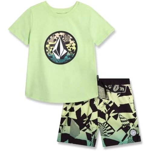 Volcom Baby Boys Swim Set - 2 Piece Short Sleeve Swim Shirt Graphic Tees & Board Shorts, Infant Toddler Little Boys Swimsuit