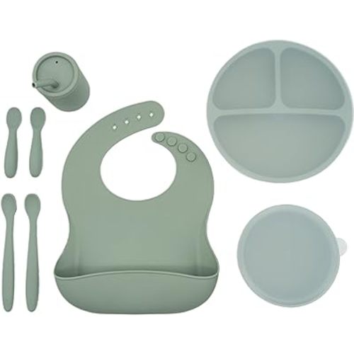 WeeSprout Baby Led Weaning Bundle, Silicone Suction Bowl, Spoons, Bib & Cup, Develops Self Feeding Skills, Dishwasher Safe (Green)