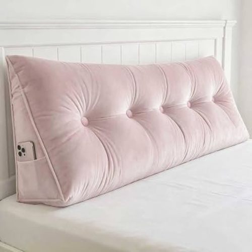 Headboard Pillow Queen, Triangle Wedge Pillow for Headboard, Ergonomic Backrest Cushion for Reading Sitting Working Removable Crystal Velvet Cover for Bed Dorm Sofa (Light Pink, Queen)