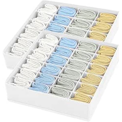 Joyoldelf Sock Organizer Drawer Organizer - 2 Packs Underwear Organizer, 48 Cells Collapsible Closet Organizers and Storage Sock Holders Organizers for Storing Socks, Ties, Belts(White)