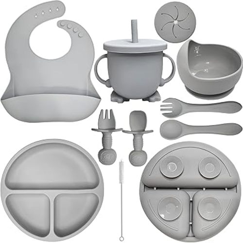 Baby Led Weaning Supplies | 10 Piece Silicone Feeding Set | Baby Toddler Bib Cup Divided Plate and Bowl Self Feeding Spoons Dish Set | Baby Utensils | Toddler Feeding Supplies (Cloud)