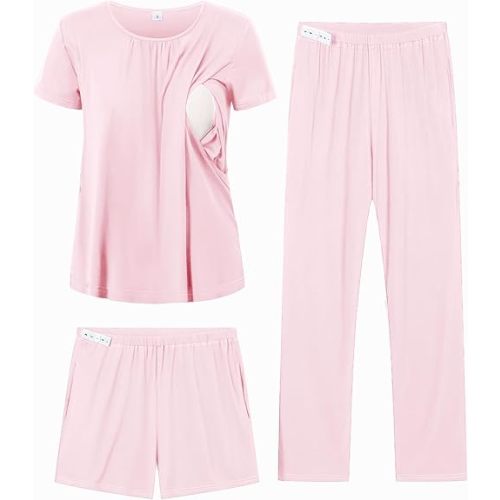 DIKFA 3 Pcs Women Maternity Nursing Pajamas Set Short Sleeve Breastfeeding Shirts Pjs Pregnancy Shorts & Pants Sleepwear