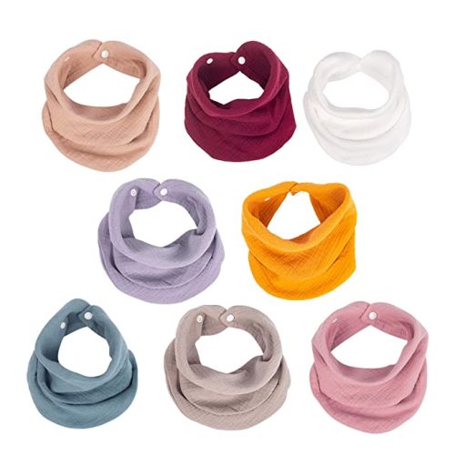Muslin Baby Bandana Bibs, Multi-Use Scarf Bibs, Super Soft & Absorbent Drooling Bibs, Breathable Cotton Burp Cloths, Size Adjustable for Unisex Newborns/Babies/Infants/Toddlers, 8 Pack (Solid Color)