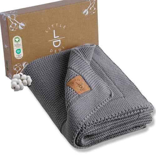 Little Dedi 100% Organic Cotton GOTS Certified Baby Knitted Blanket with Gift Box - Soft Toddler, Crib, Stroller Blanket - Neutral Swaddle and Receiving Blanket for Newborns, 30"x40", Dark Grey