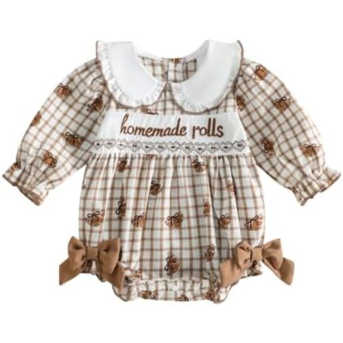 MoZiKQin Baby Girl Thanksgiving Outfit Turkey Bubble Romper Long Sleeve Doll Collar Plaid Jumpsuit Boutique Fall Clothes
