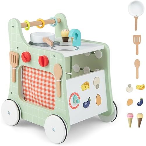 BABY JOY 6 in 1 Wooden Baby Walker, Toddler Pretend Play Kitchen Playset, Push and Pull Sit-to-Stand Learning Walker Activity Center, Montessori Educational Toy, Push Walker for Boys Girls